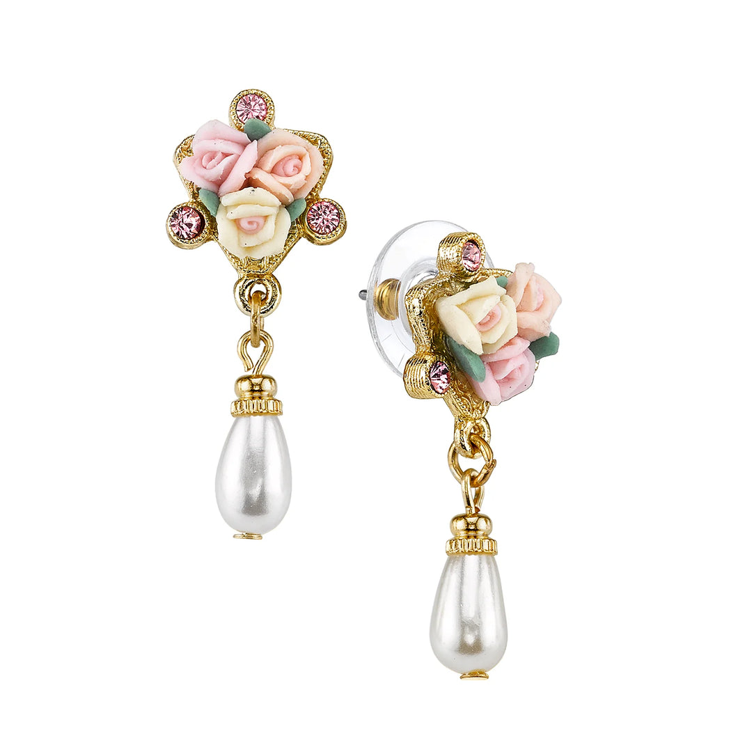 Earrings Gold Rose and Pearl Drop