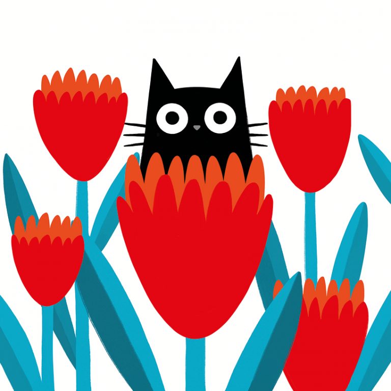 Card Blank Cat Walk Cat In Tulips