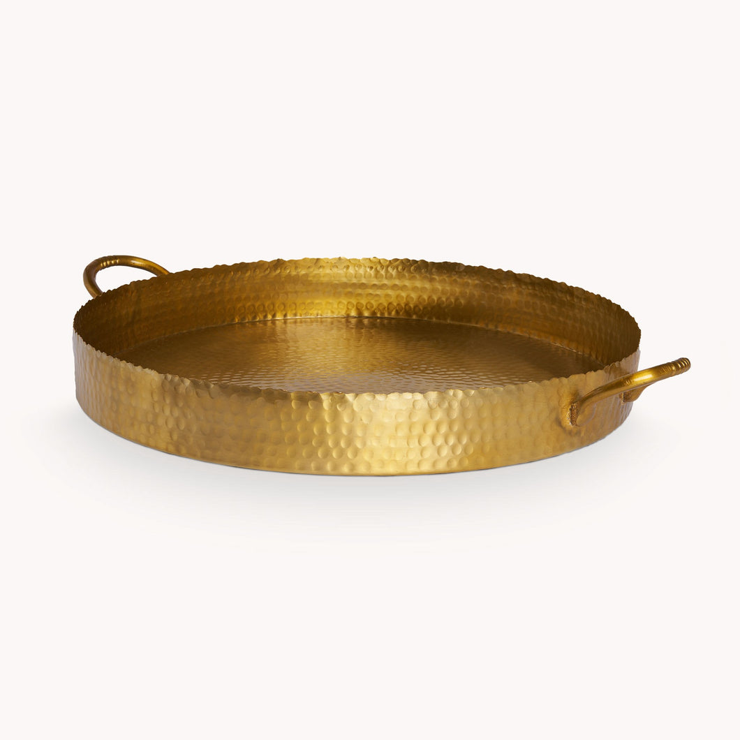 Tray Gold Round Hammered With Handles