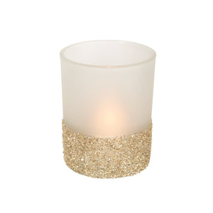 Frosted white glass hurricane with gold glass glitter band - Candle Holder
