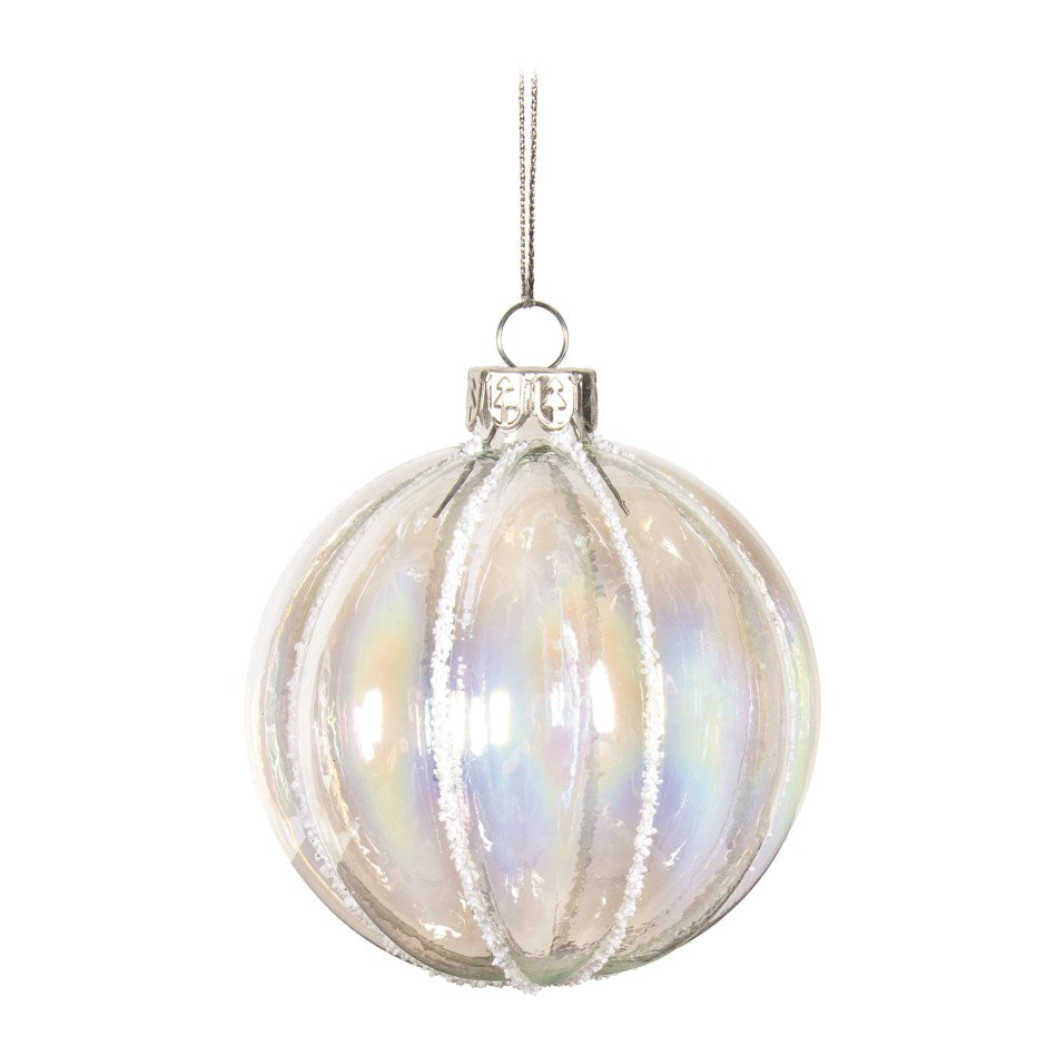 Clear iridescent glass ribbed ball Christmas ornament