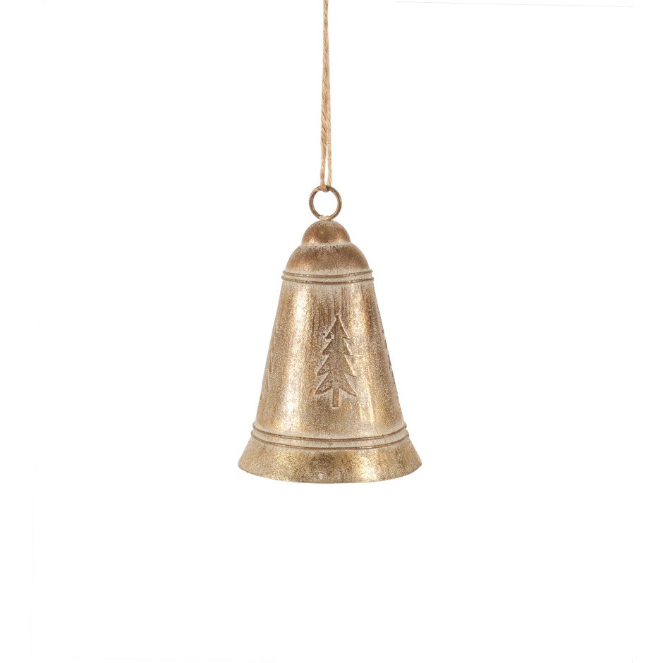Small rustic gold metal bell ornament with tree pattern -Christmas Decor
