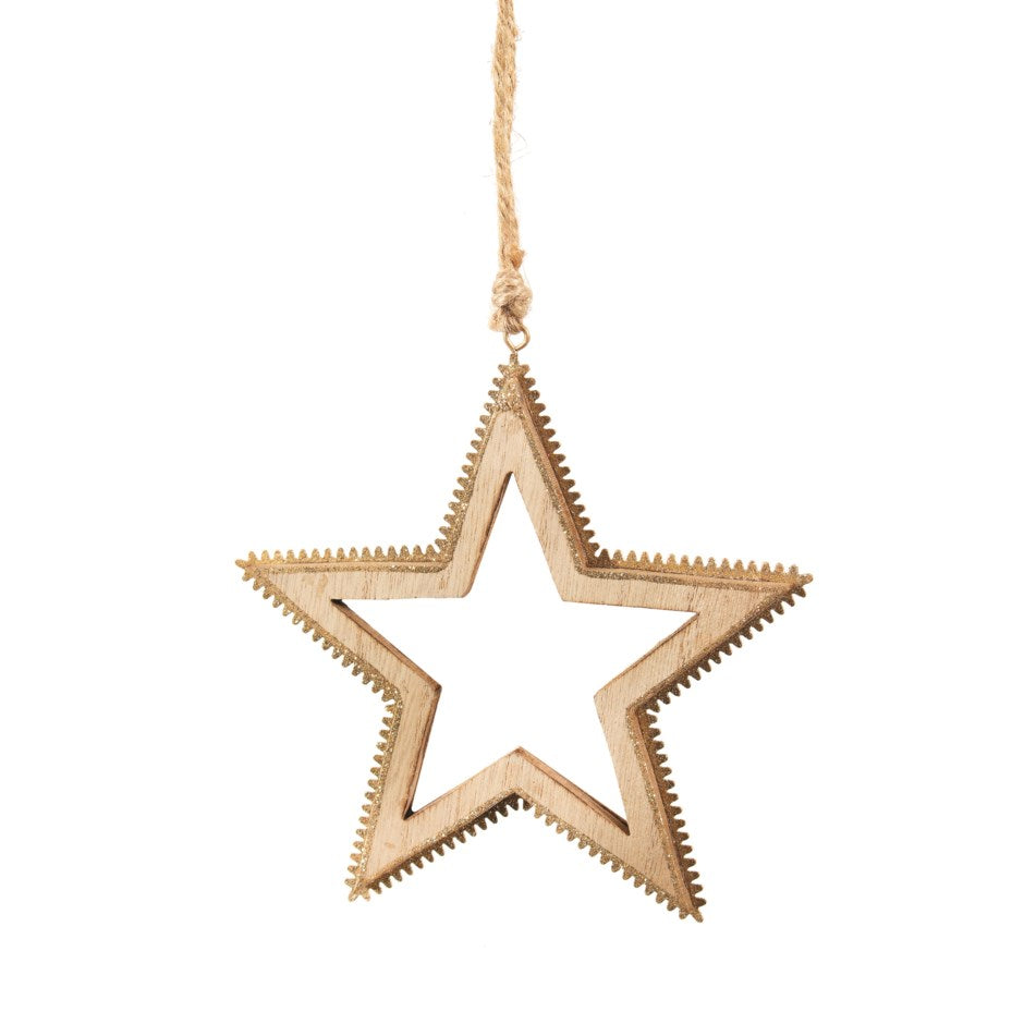 Gold-washed wood star ornament with gold metal trim. -Christmas Decor