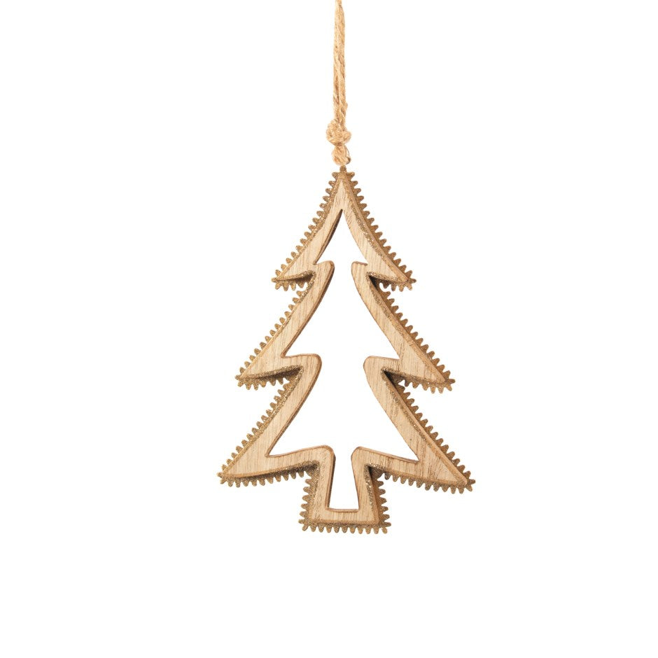 Small gold-washed wood tree ornament with gold metal trim. -Christmas Decor