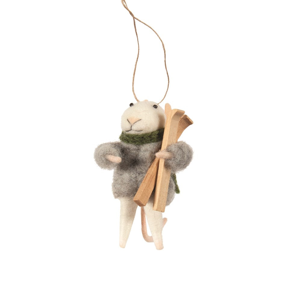 Ornament White felted wool mouse  with grey sweater and wood skis