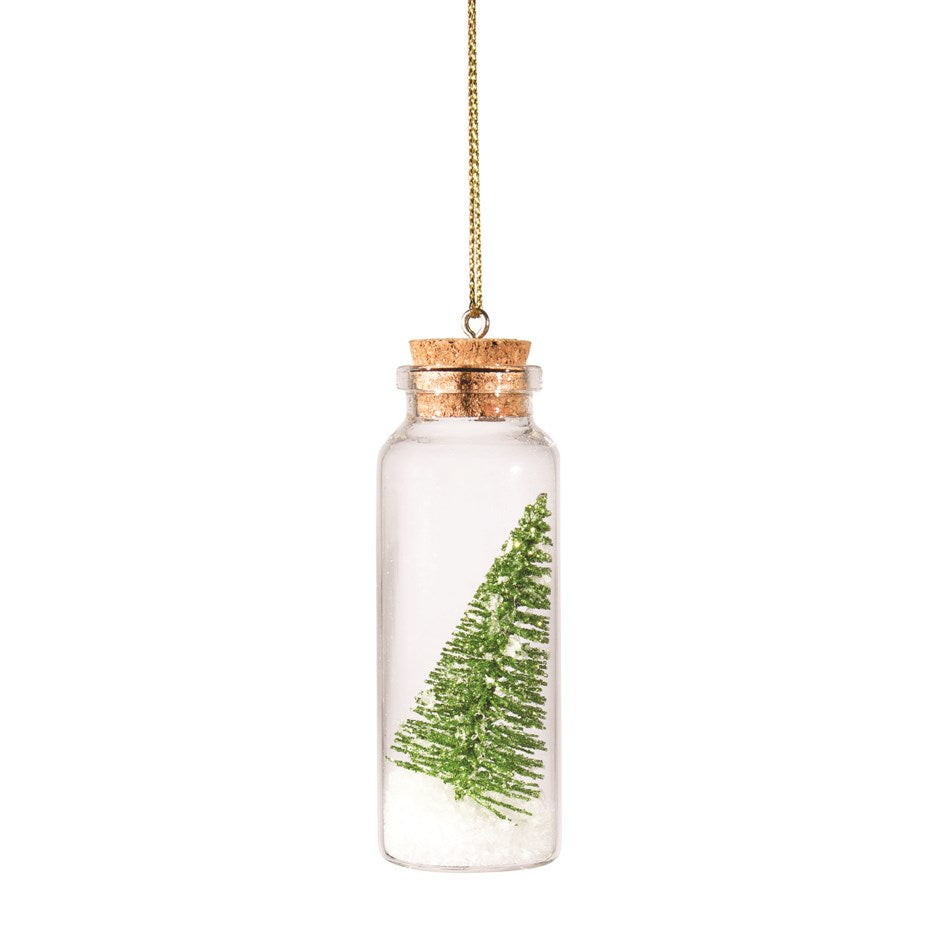 Green glitter mini bottle brush tree in a glass bottle Christmas Ornament