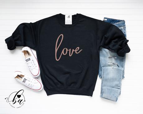 Love Cozy Crew Neck Sweater - Black Sweater with Peach Rose Font