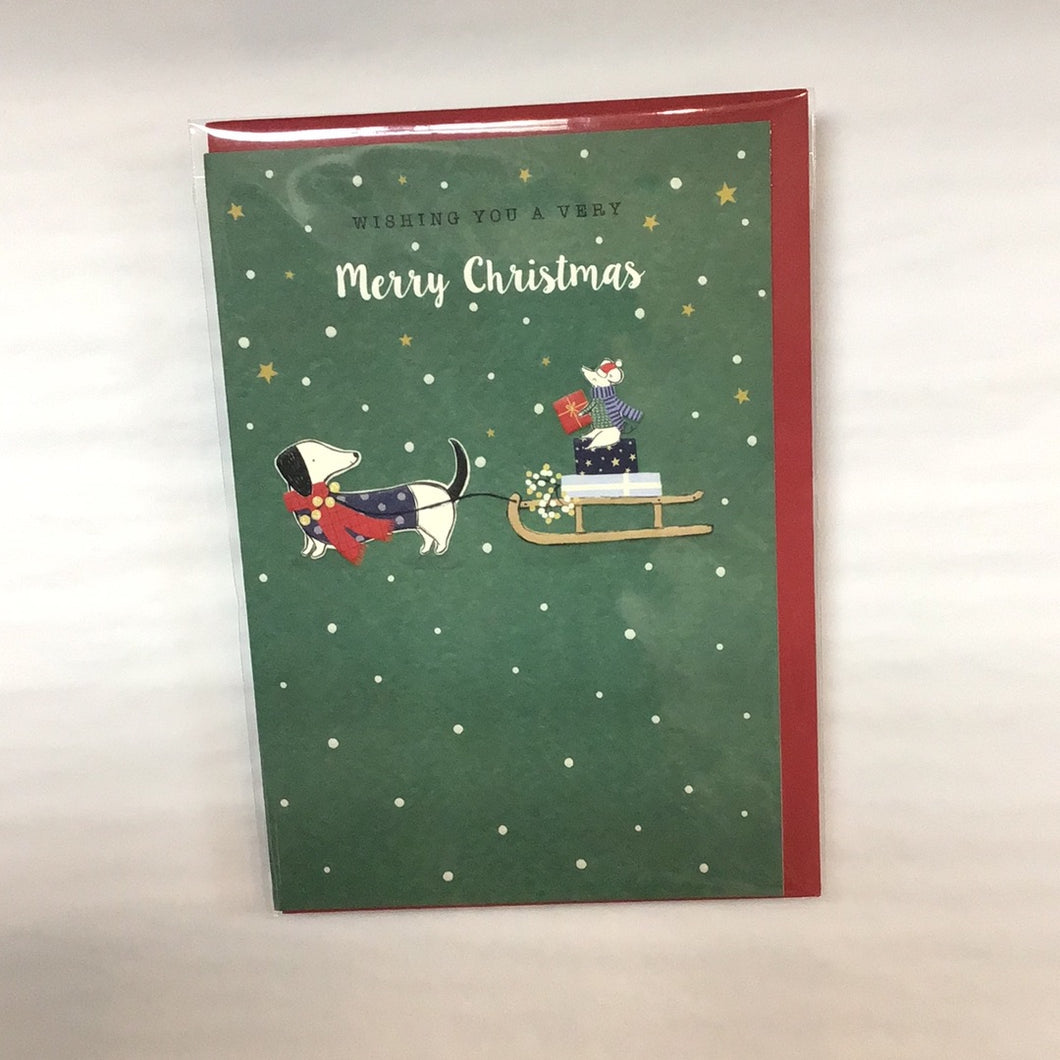 Card Christmas Daschund Pulling Sled
