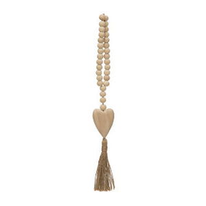 Natural Hand Carved Wood Beads with Heart & Tassel